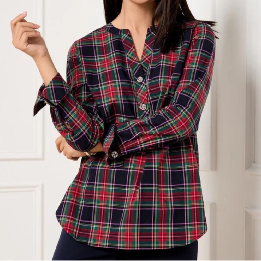 Talbots BAND COLLAR Popover Shirt - DASHING PLAID Size M